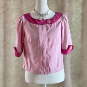 Vintage‎ 80s Barbiecore Two-Tone Pink Handmade Puff Sleeve Kawaii Blouse Size S